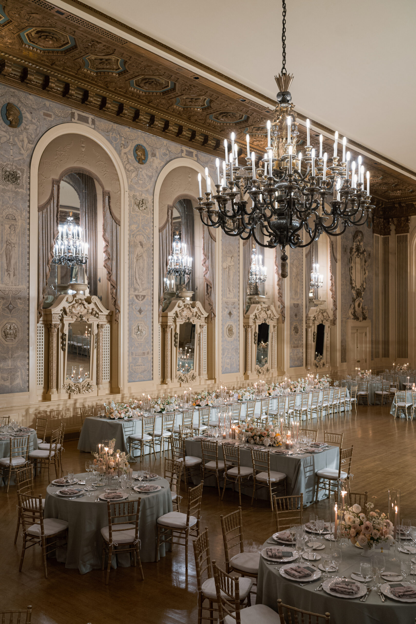 Historic Hotel Du Pont ballroom set for a wedding reception in Wilmington, DE